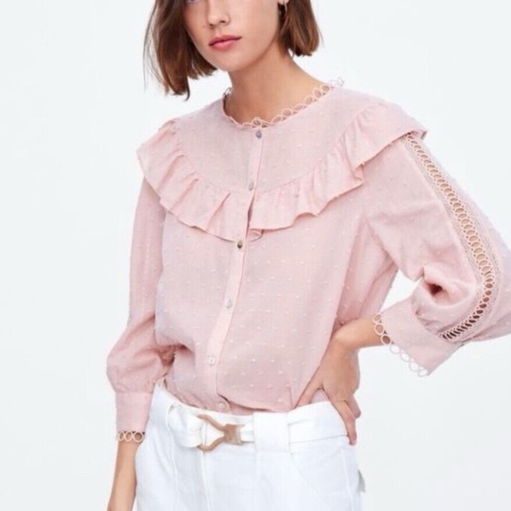 Zara pink ruffle button up blouse size M